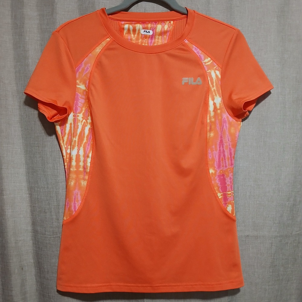 Fila Sport Top Athletic Activewear Tie Dye Accents Orange Short‎ Sleeve Size S